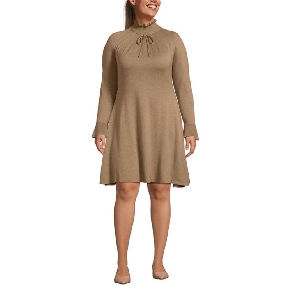 Lands' End‎ Taupe Brown Ruffle Mock Neck Front A-Line Long Sleeve Sweater Dress